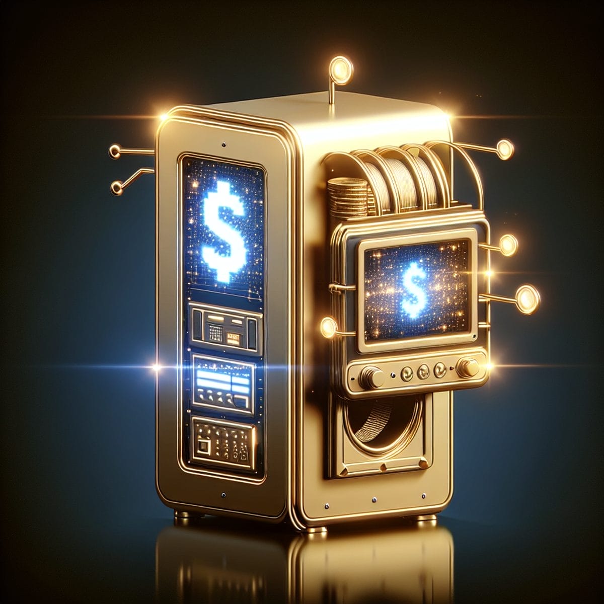 A golden machine with a digital interface displaying glowing symbols and icons representing automation and scalability.